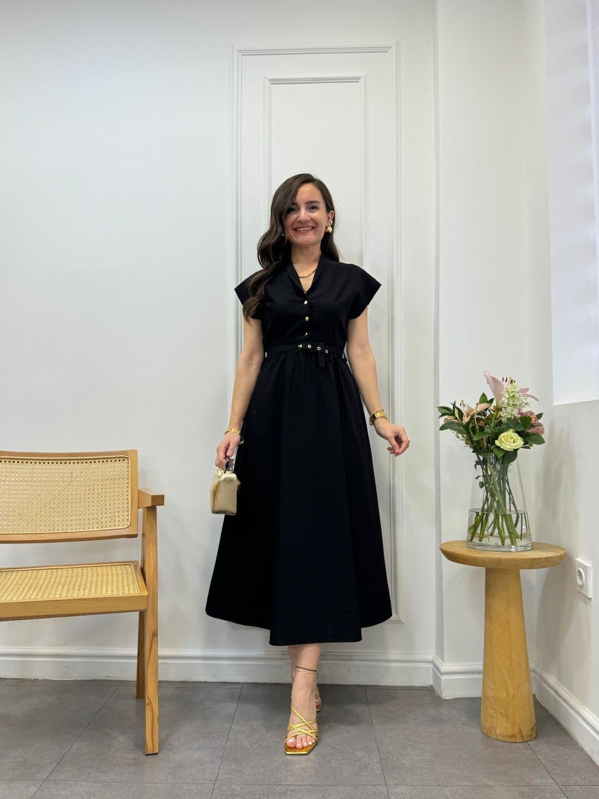 Siyah Gold Düğmeli Bel Lastikli Elbise 3440