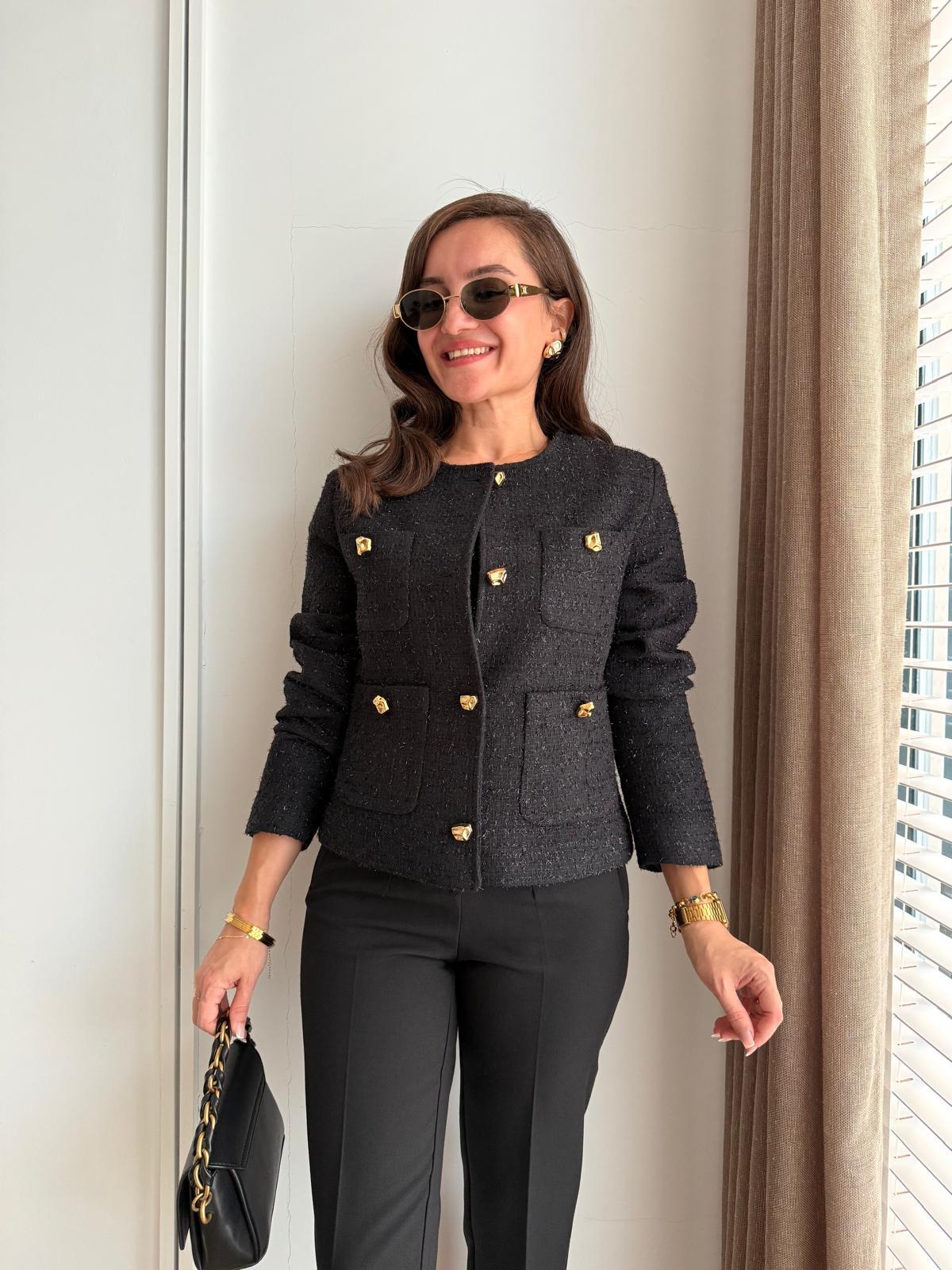 Siyah Gold Düğmeli Sim Geçişli Astarlı Tüvit Ceket 1485