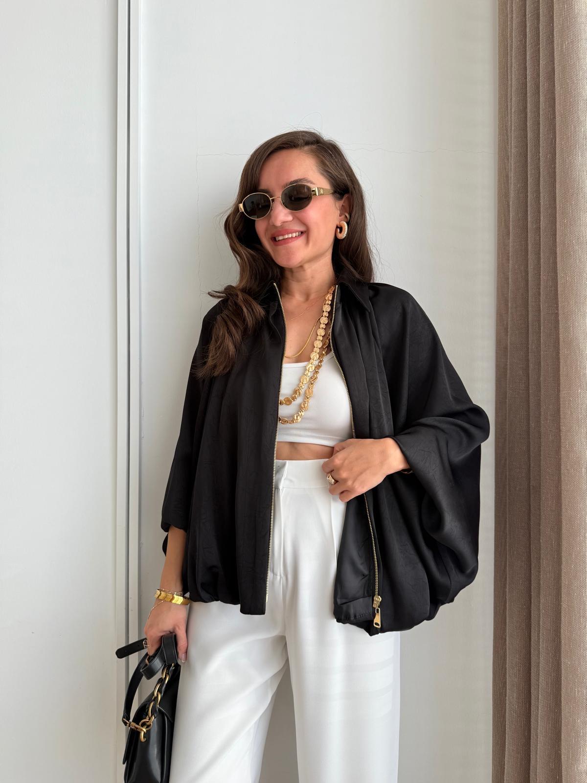 Siyah Gold Fermuarlı Saten Bomber Ceket 9584