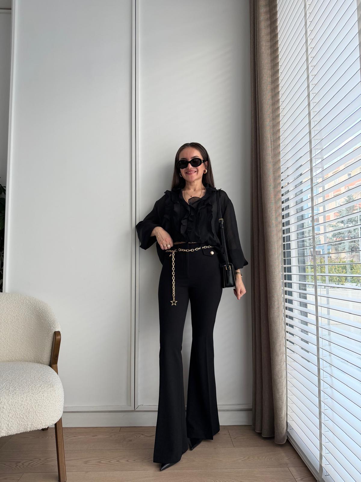 Siyah Gold Kemerli İspanyol Paça Pantolon 37088