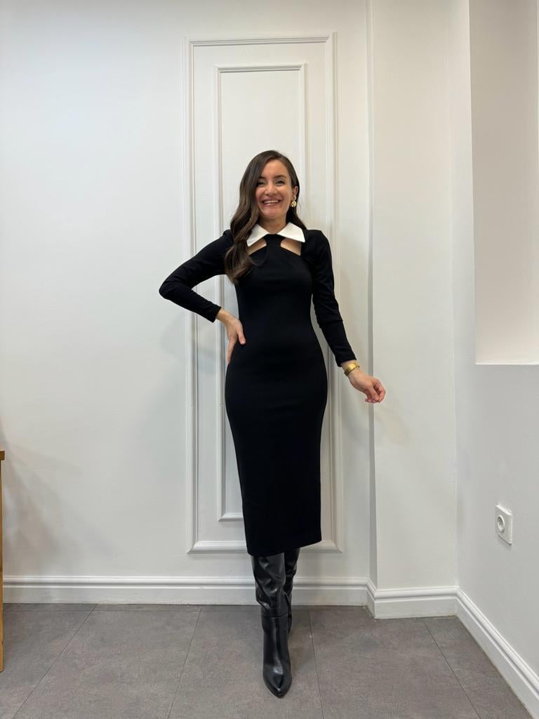 Siyah Gömlek Yaka Detaylı Vatkalı Midi Boy Elbise