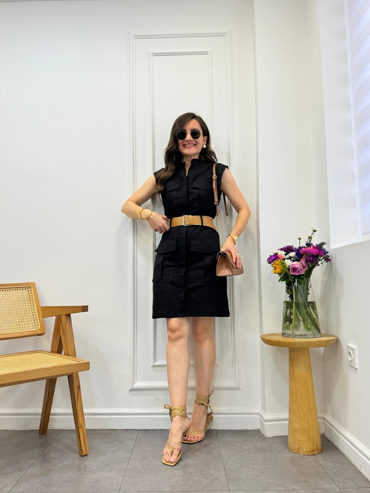 Siyah Hakim Yaka Kemerli Cep Detaylı Keten Elbise 8100