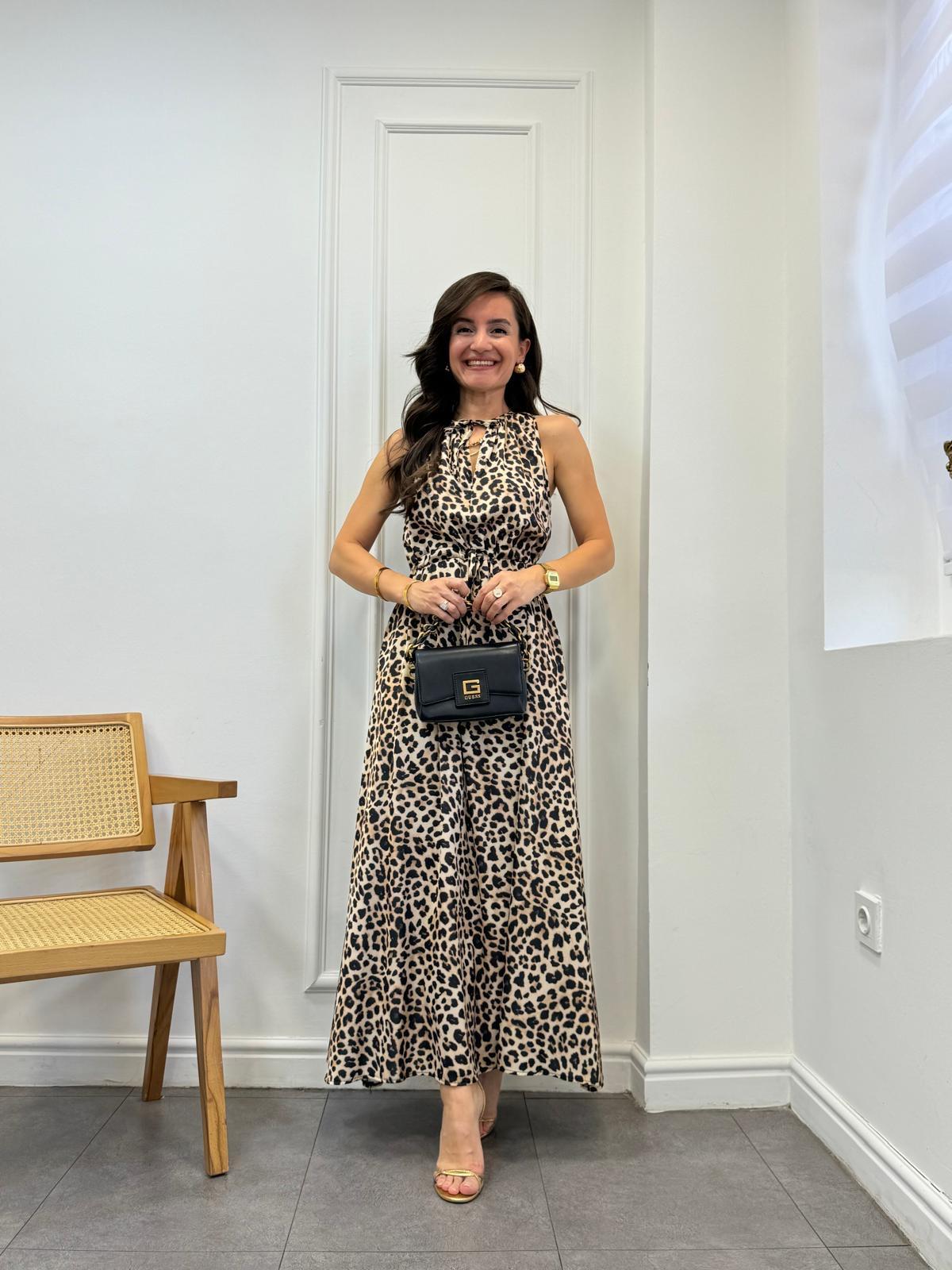 Siyah Halter Yaka Bel Büzgülü Leopar Saten Elbise 200