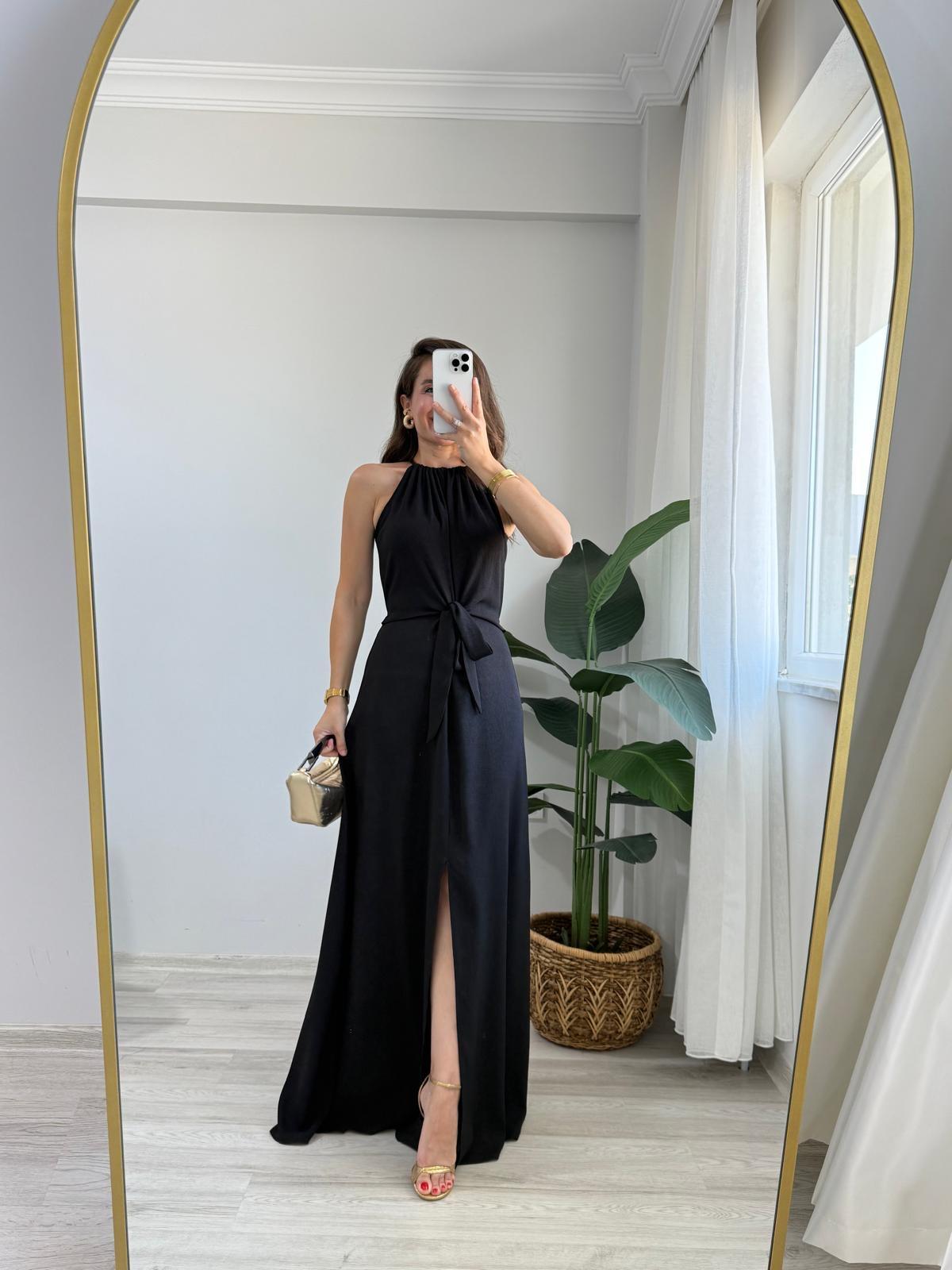 Siyah Halter Yaka Ön Bağlama Detaylı Desenli Jakar Elbise K251656