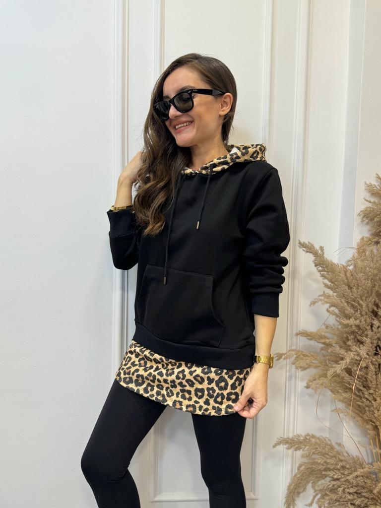 Siyah İki İplik Leopar Detaylı Kapüşonlu Sweathirt 25558
