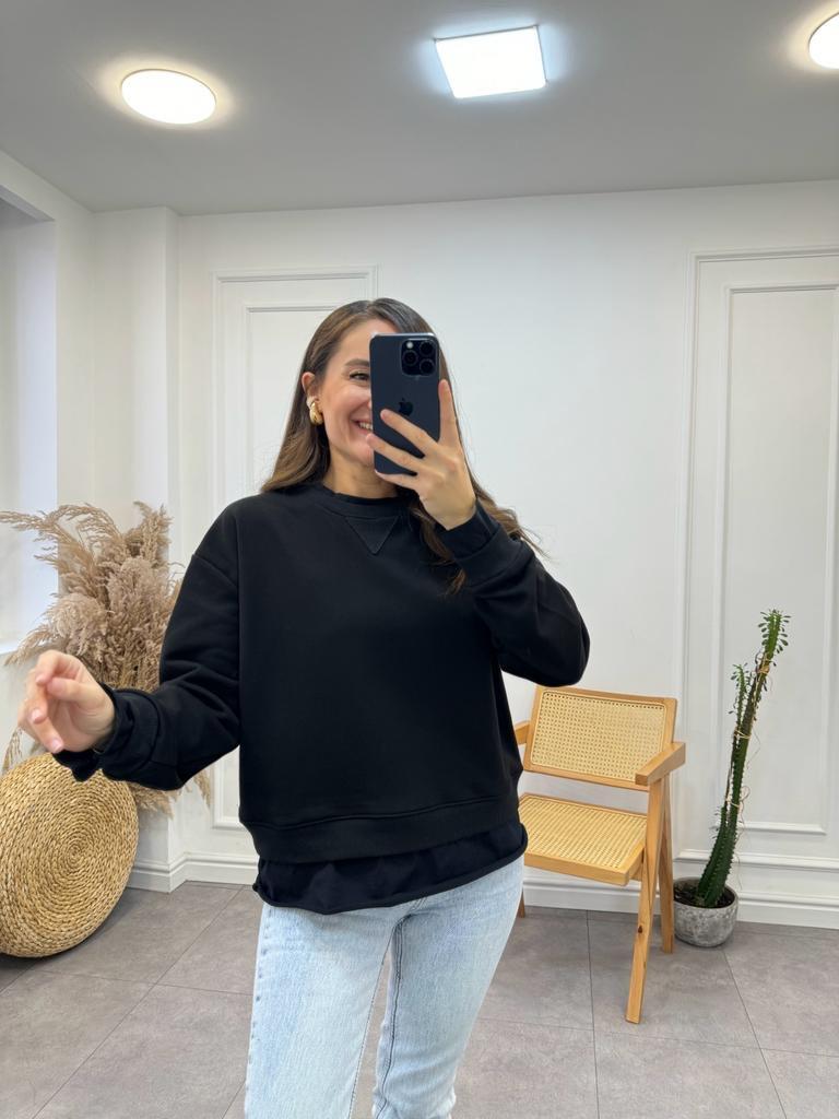 Siyah İki İplik Tshirt Detaylı Sweatshirt 28164