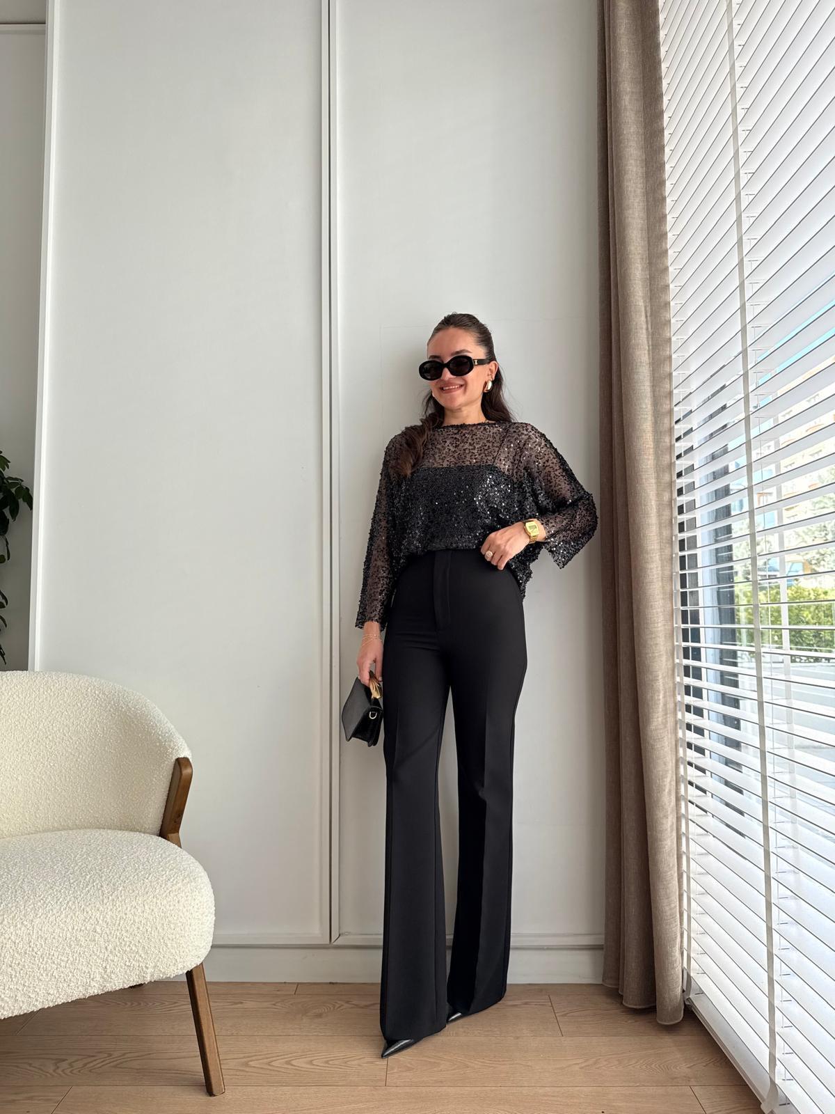 Siyah İspanyol Paça Kumaş Pantolon 17049