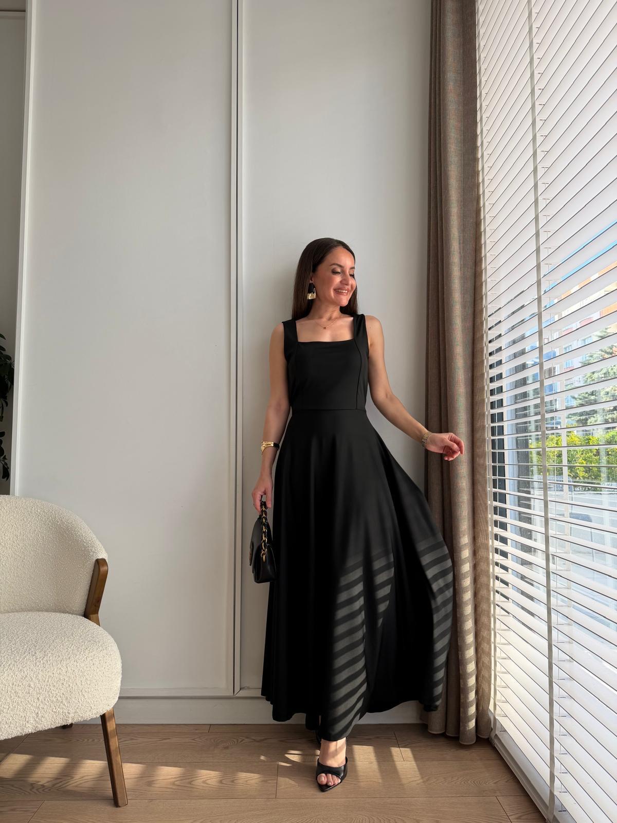 Siyah Kalın Askılı Belden Bağlamalı Elbise 221063