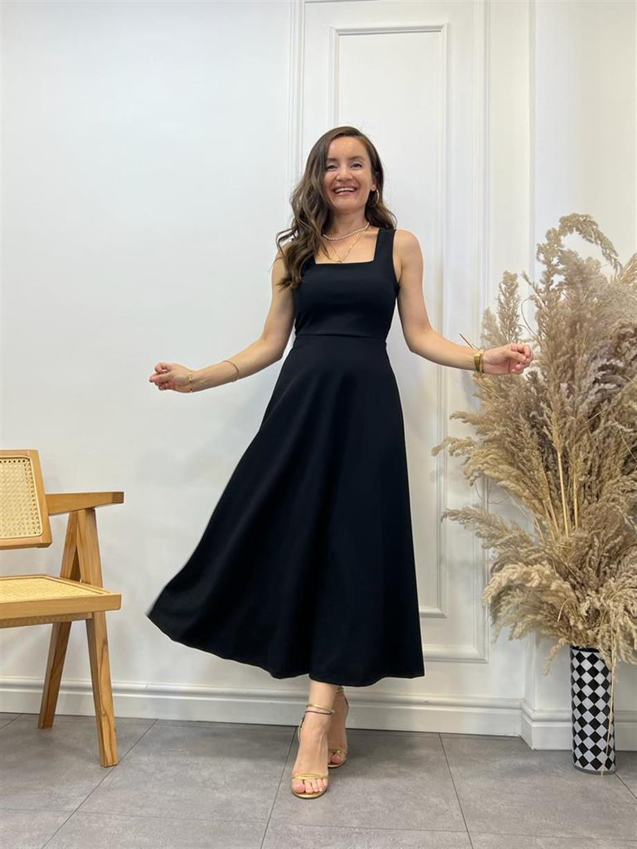 Siyah Kalın Askılı Kare Yaka Elbise 3021