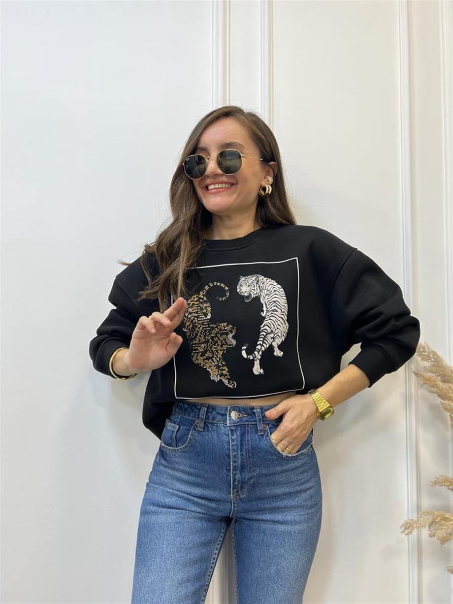 Siyah Kaplan Baskılı Bisiklet Yaka Sweatshirt 5110