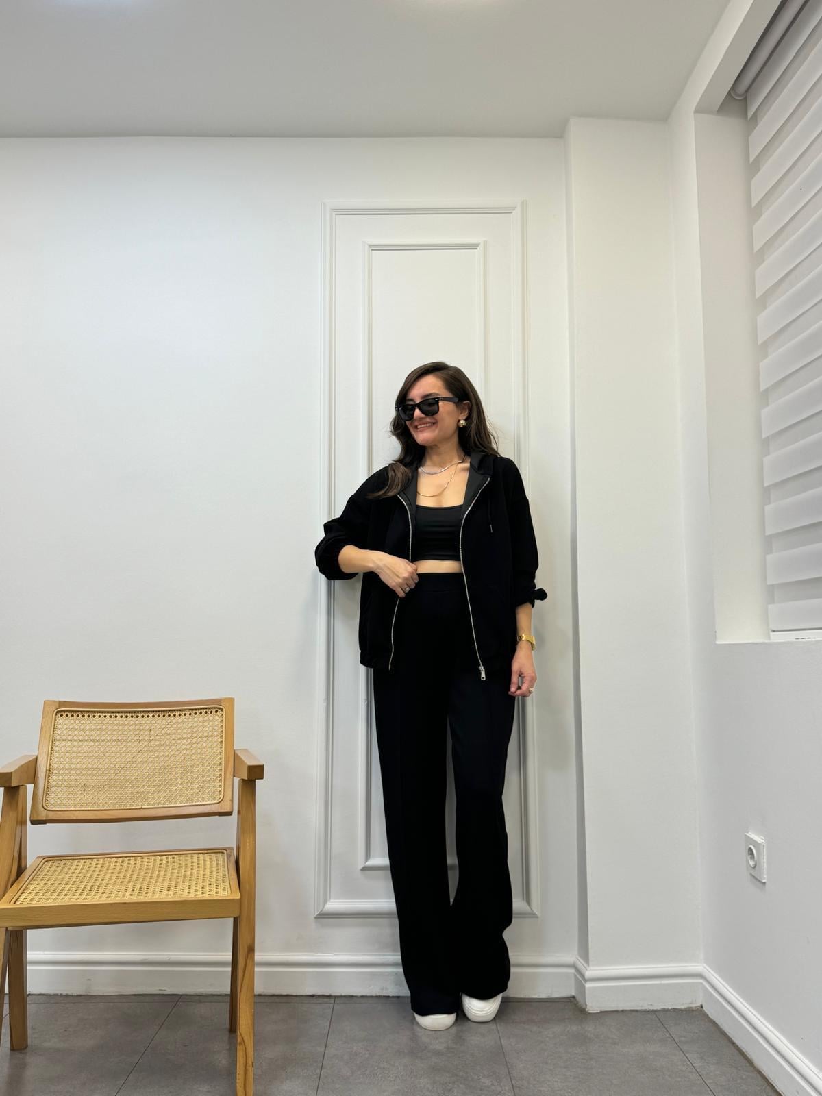 Siyah Kapüşonlu Bel Lastikli Bol Paça Takım 5001