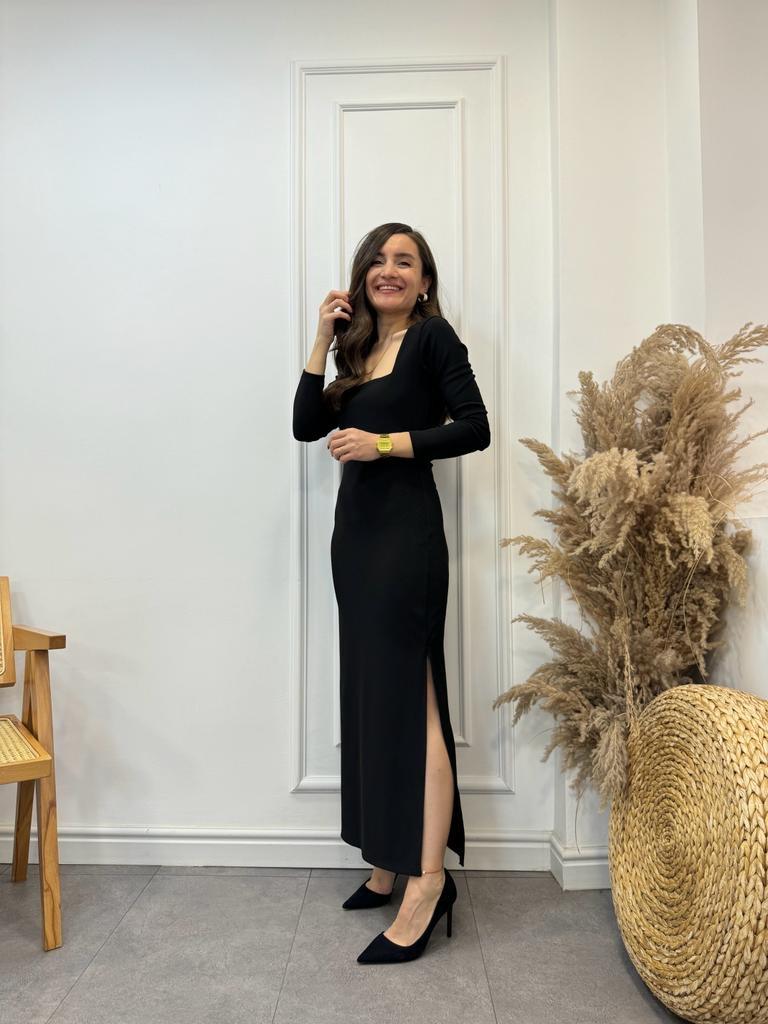 Siyah Kare Yaka Ottoman Kumaş Elbise 21114