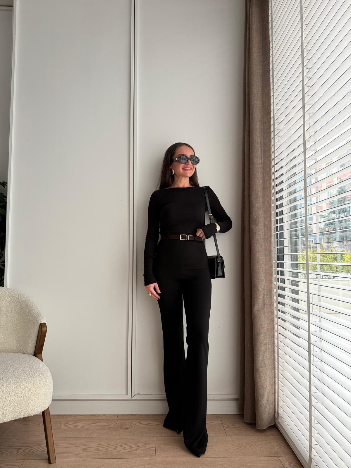 Siyah Kemerli Bel Lastikli Flare Pantolon 0099