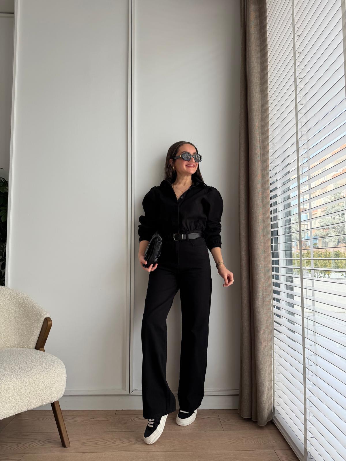 Siyah Kemerli Denim Tulum 8152