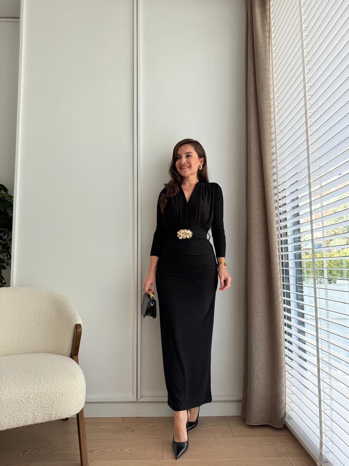 Siyah Kemerli Drape Detaylı Elbise 5220