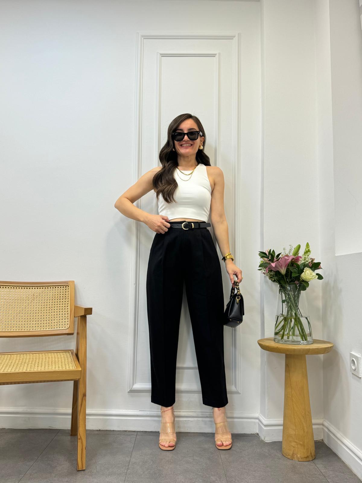 Siyah Kemerli Keten Pantolon 50985