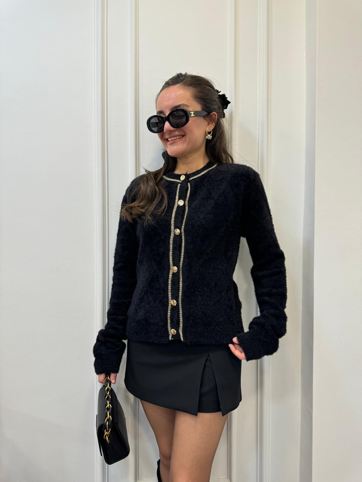 Siyah Kendinden Desenli Angora Hırka 35494