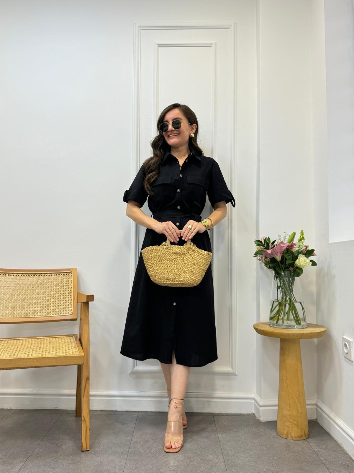 Siyah Keten Cep Detaylı Gömlek Elbise M03