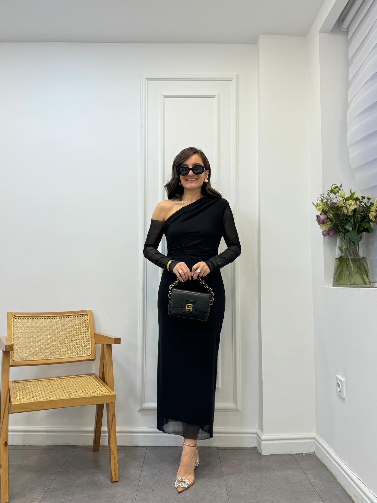 Siyah Kol Detaylı Drapeli Elbise 31942