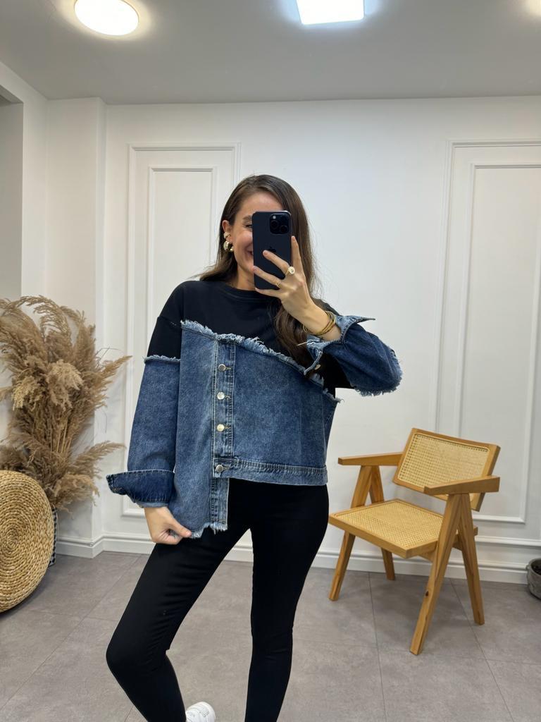 Siyah Kot Detaylı Marka Tasarım Sweatshirt 28242