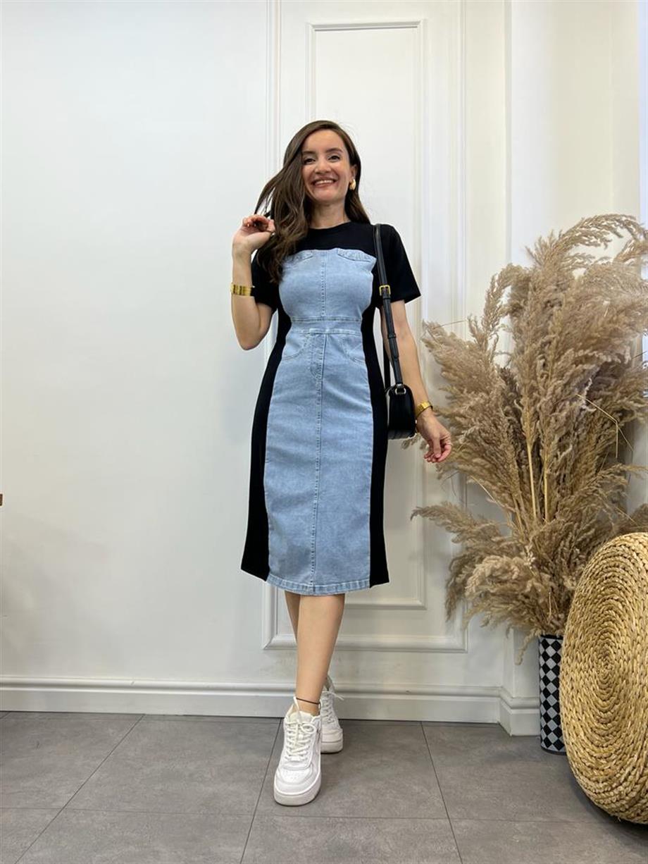 Siyah Kot Detaylı Tasarım Elbise 28052