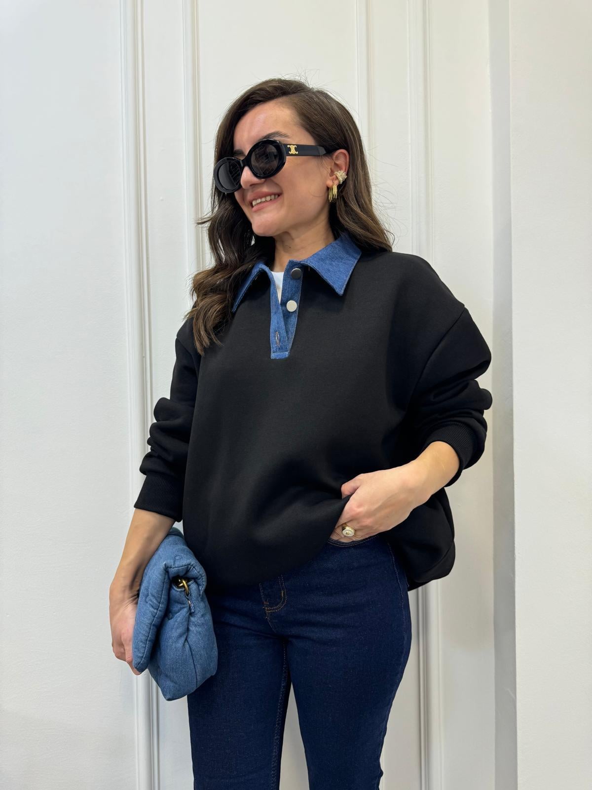 Siyah Kot Yaka Detaylı Sweatshırt 110032