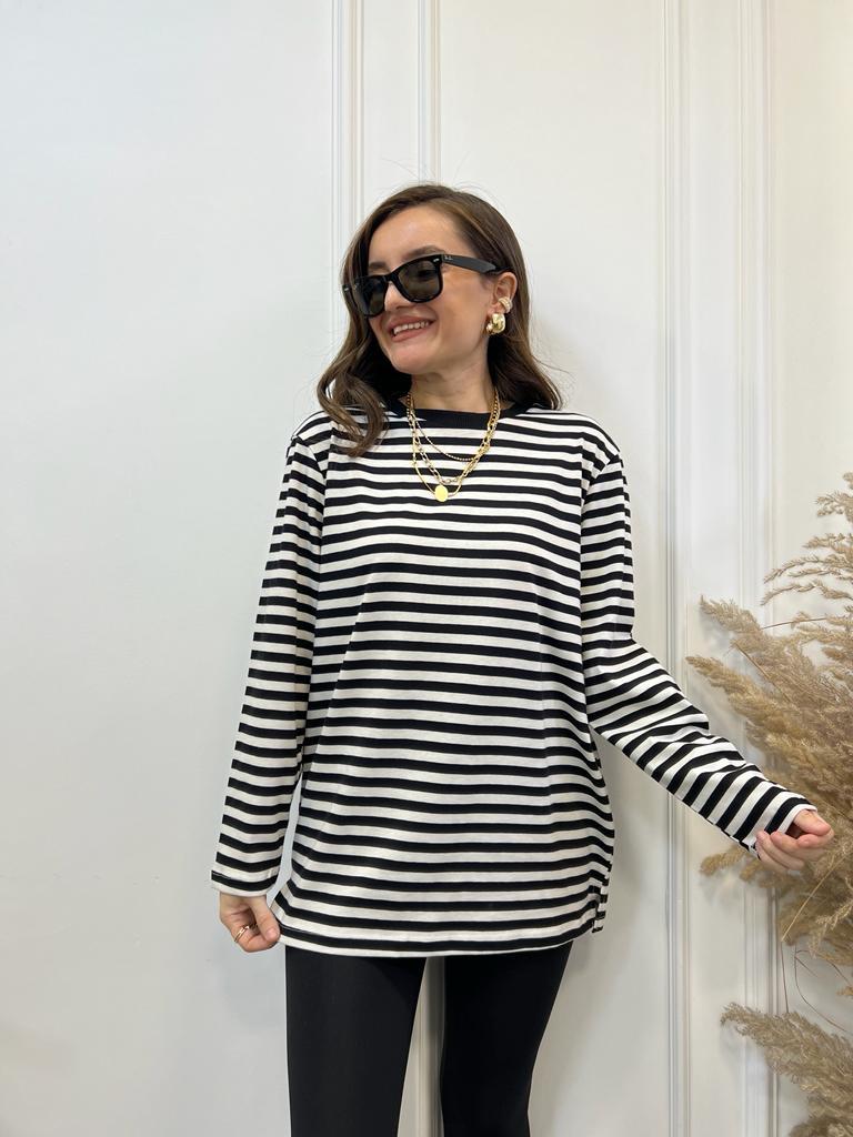 Siyah Krem Çizgili Bisiklet Yaka Sweatshirt 0637