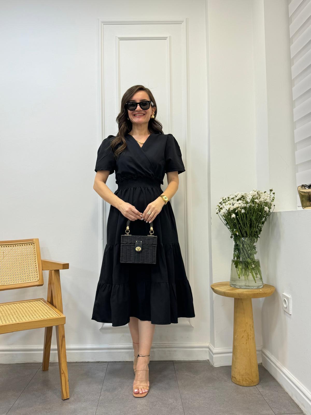 Siyah Kruvaze Yaka Bel Gipe Detaylı Elbise 1063