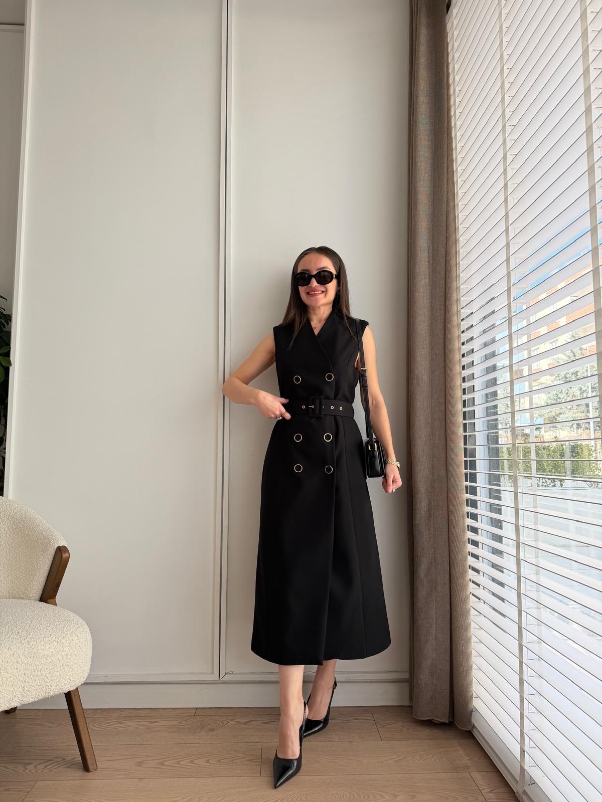 Siyah Kruvaze Yaka Düğme Detaylı Mini Boy Elbise 37175