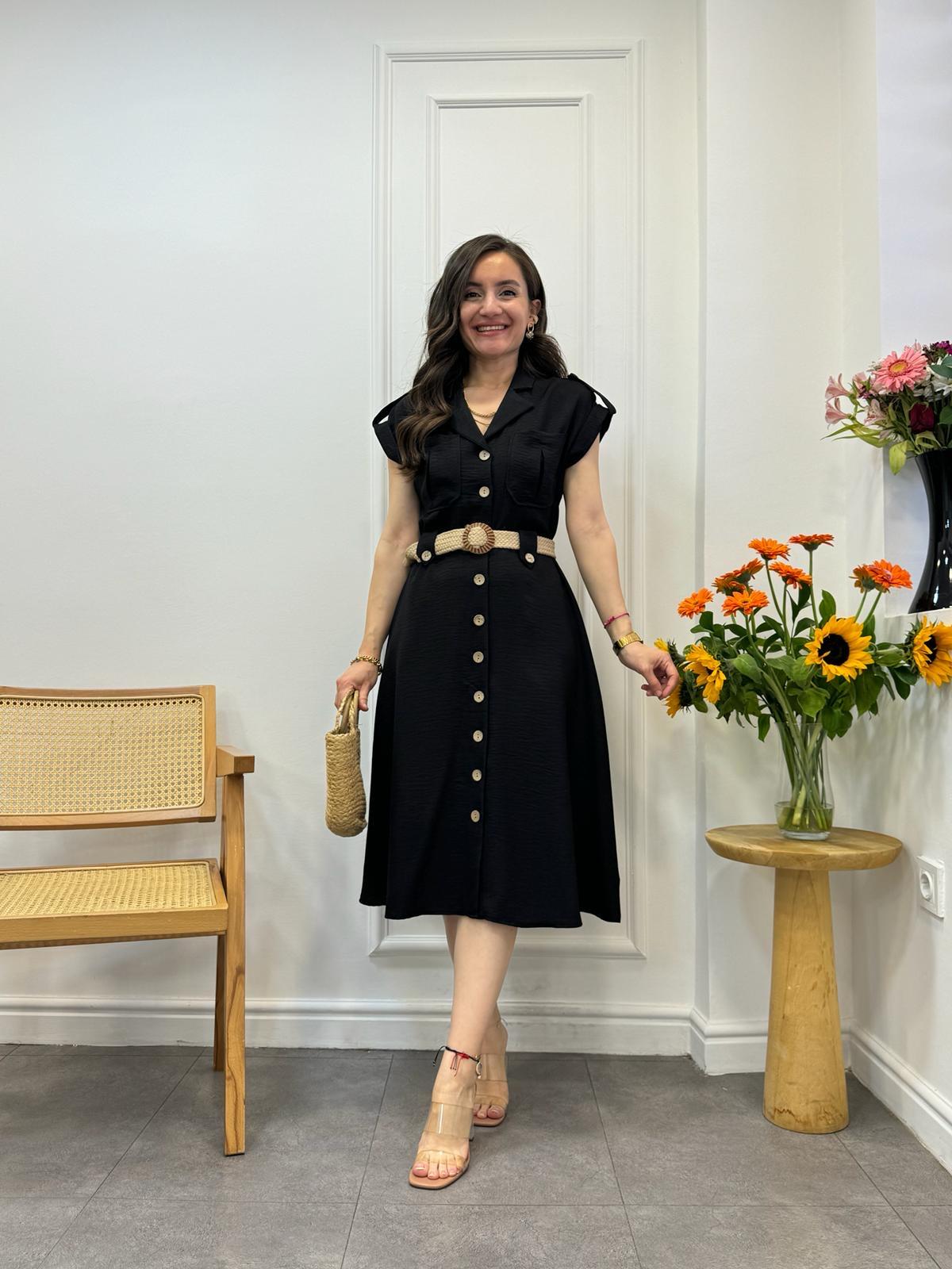 Siyah Kruvaze Yaka Hasır Kemer Detaylı Elbise 5889