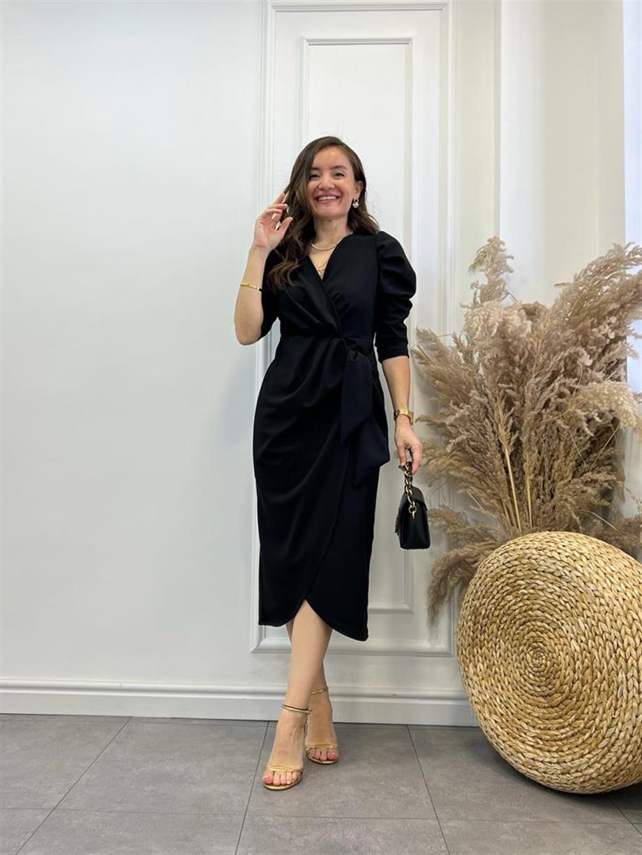 Siyah Kruvaze Yaka Kuşaklı Anvelop Elbise 2990