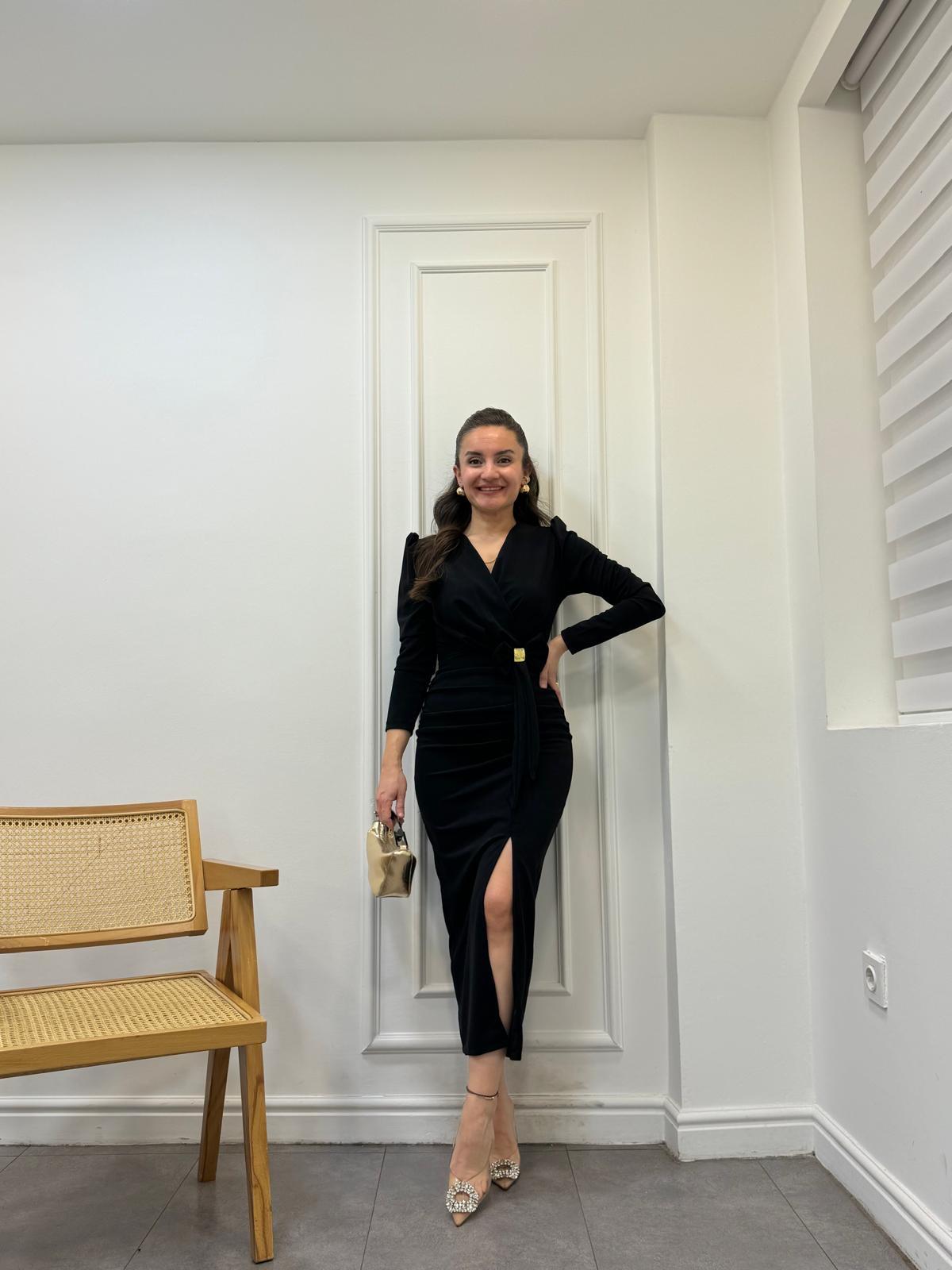 Siyah Kruvaze Yaka Ön Kurdele Drape Detaylı Elbise 1129