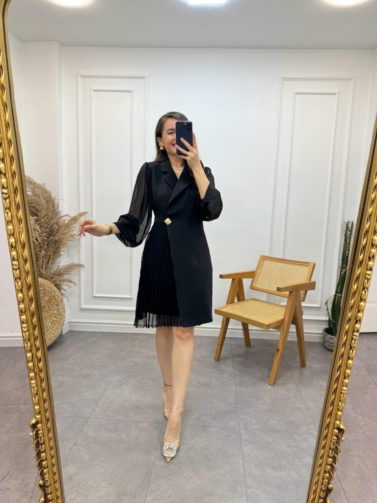 Siyah Kruvaze Yaka Pilise Detaylı Ceket Elbise 2169