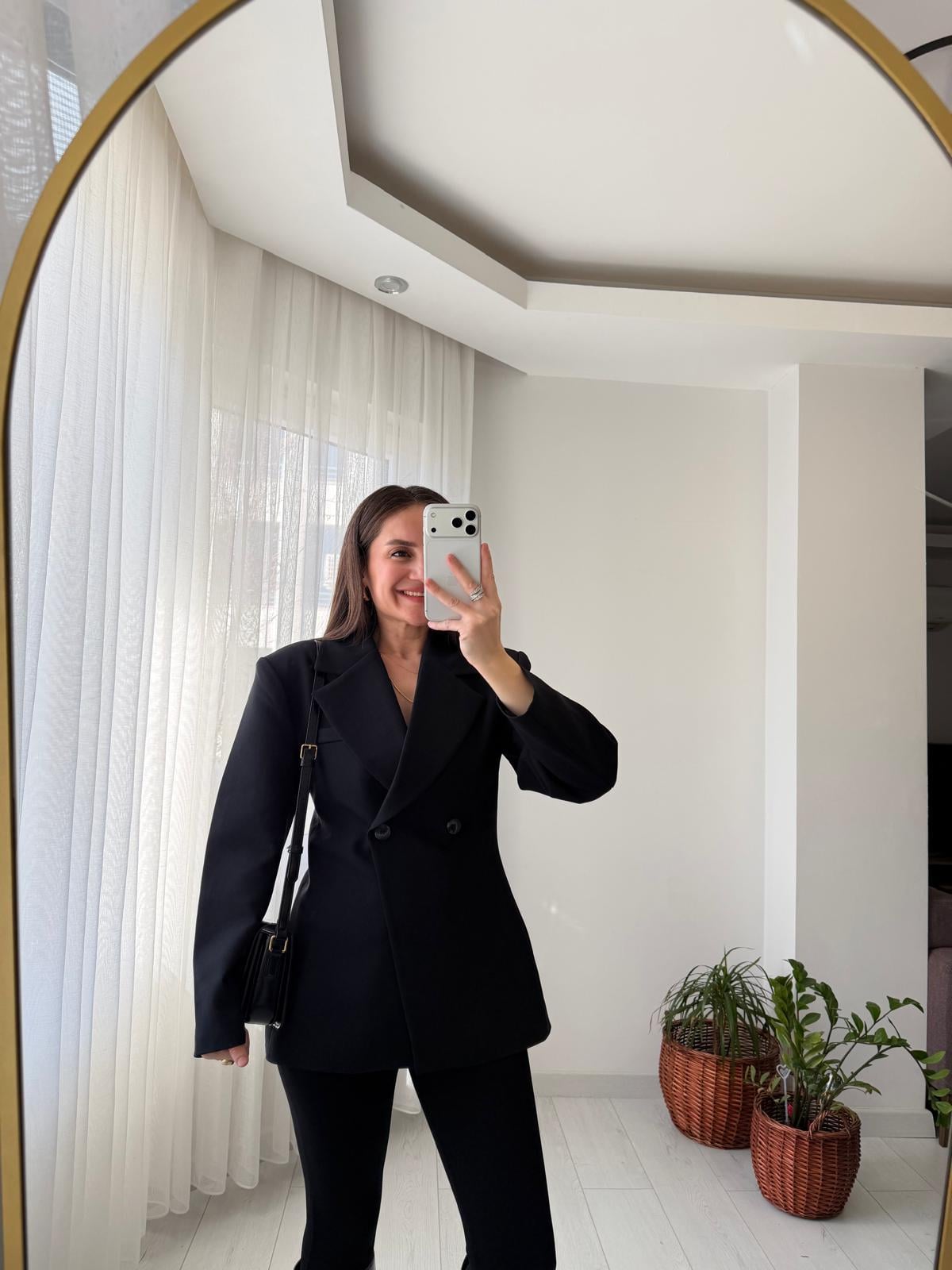 Siyah Kruvaze Yaka Vatkalı Blazer Ceket 7685