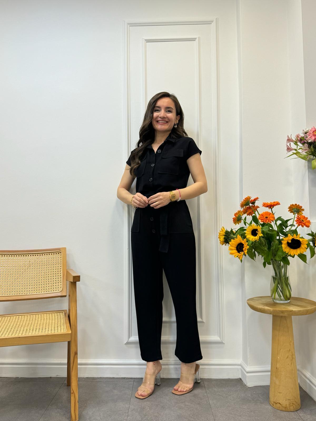 Siyah Kuşaklı Keten Tulum 2980