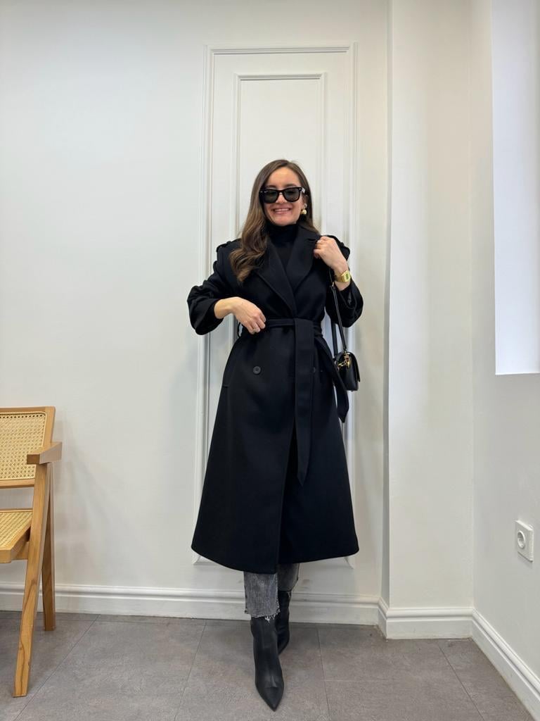 Siyah Kuşaklı Oversize Uzun Kaban 9377