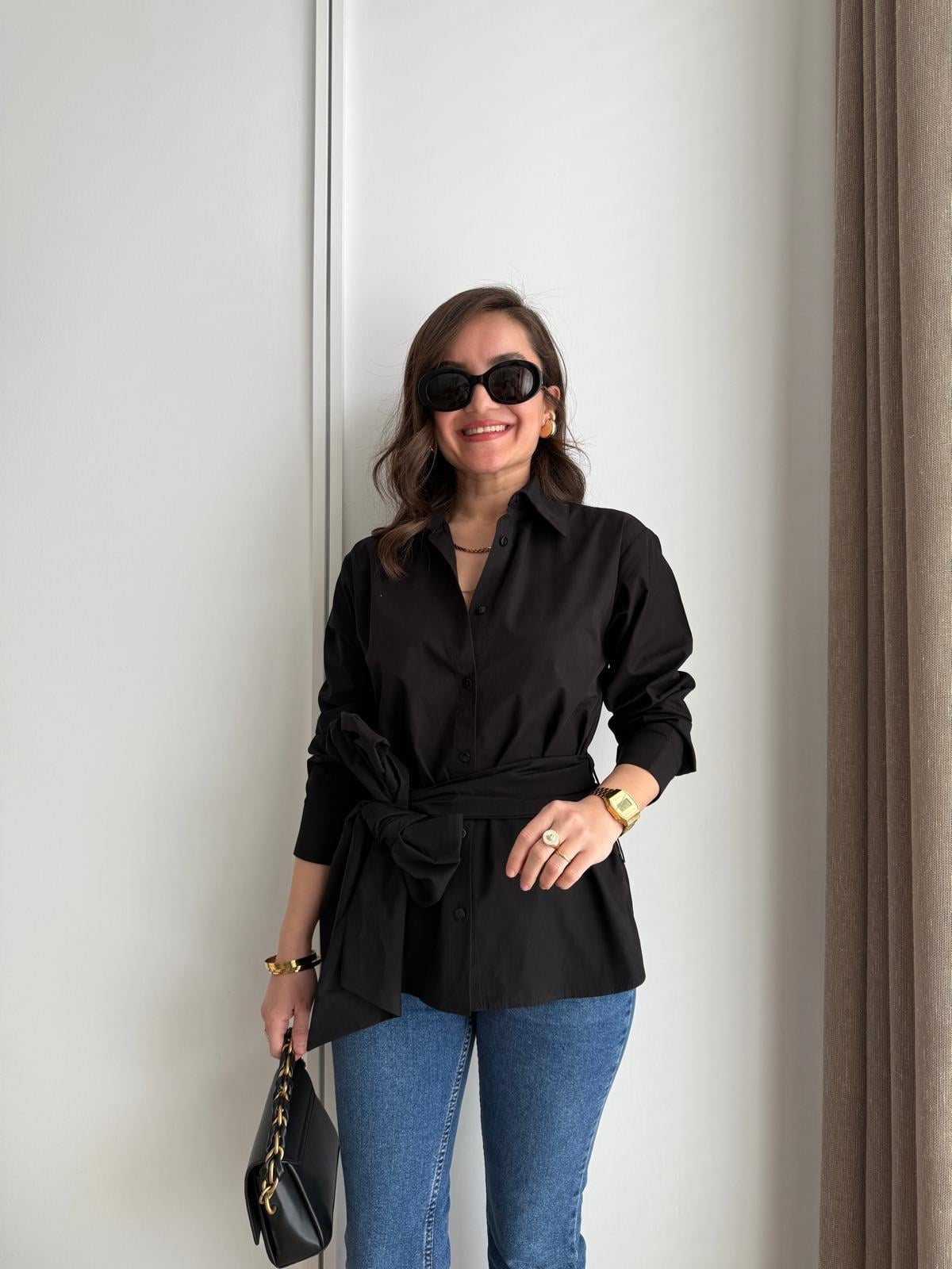 Siyah Kuşaklı Poplin Tasarım Gömlek 1366