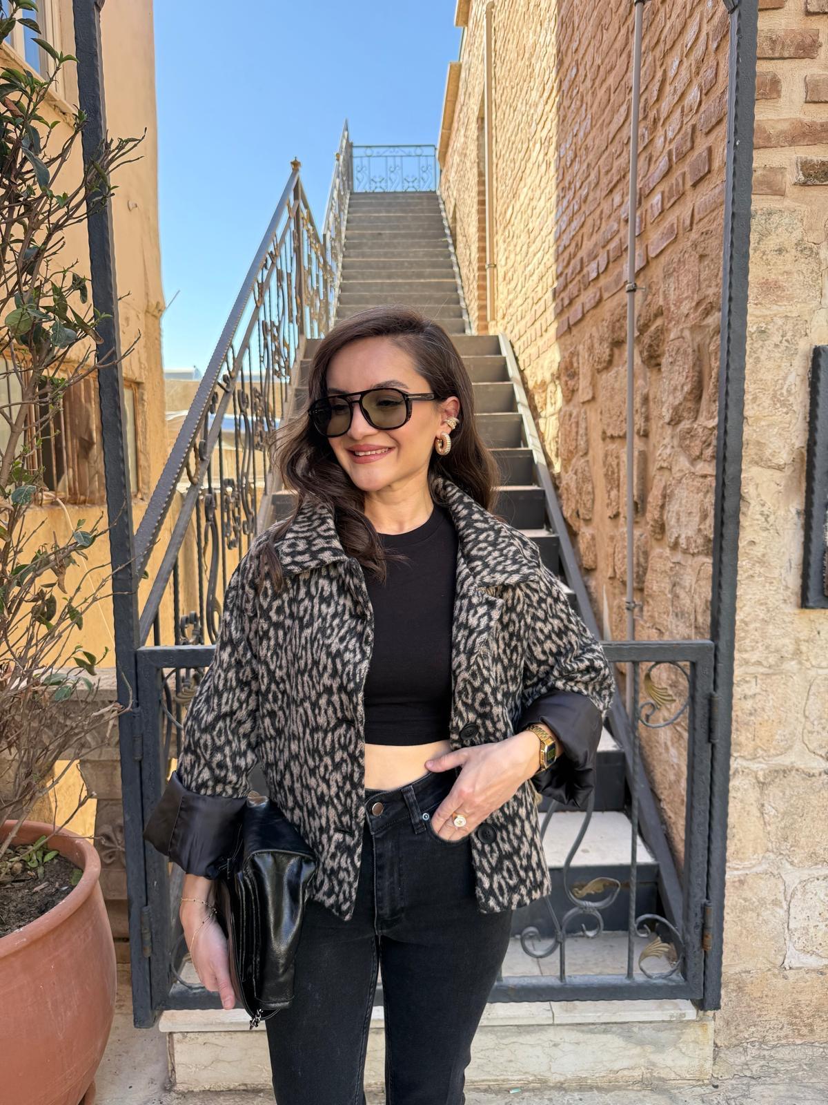 Siyah Leopar Desen Astarlı Kaşe Ceket 1016