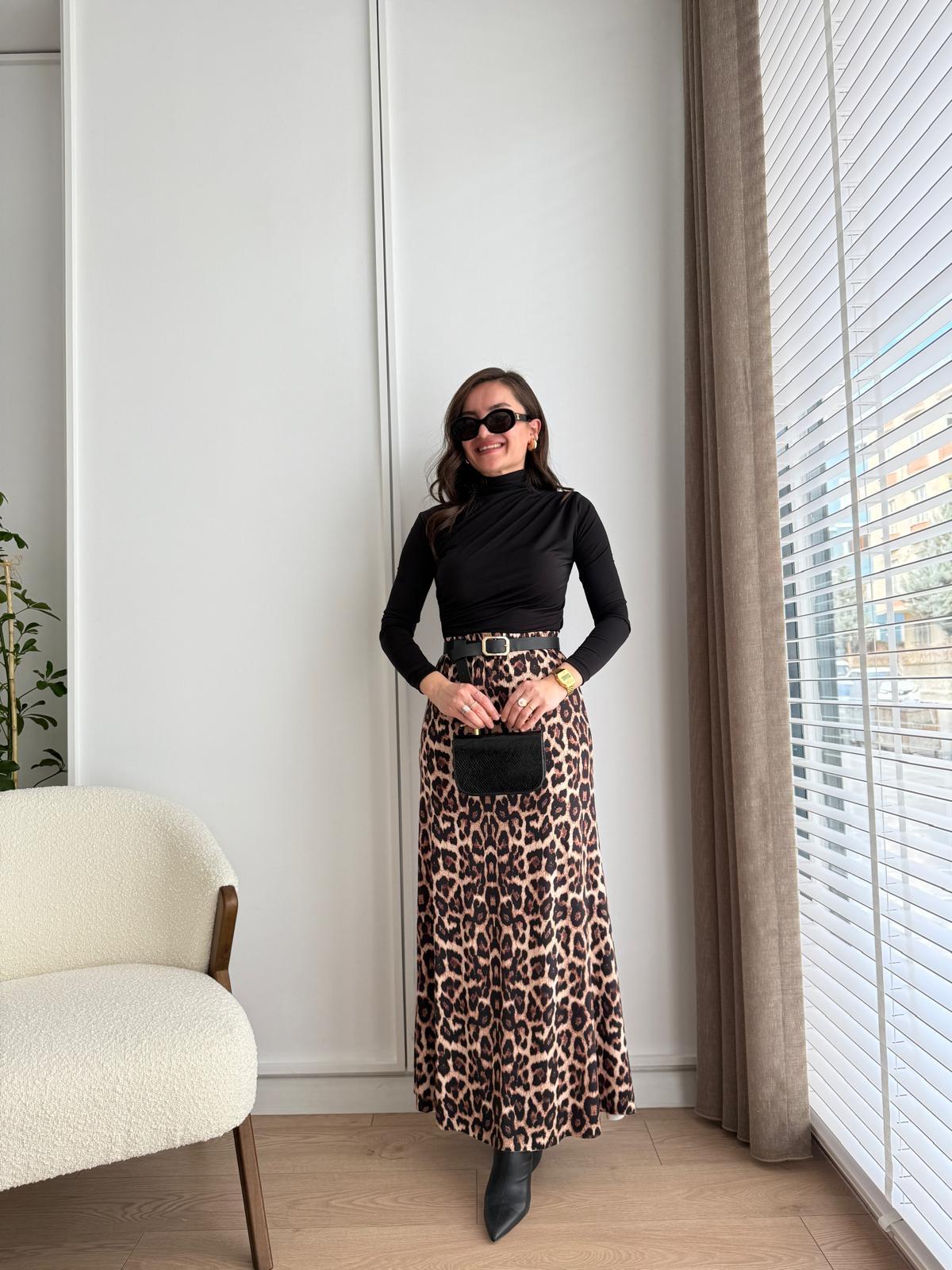 Siyah Leopar Desen Bel Lastikli Etek 1365