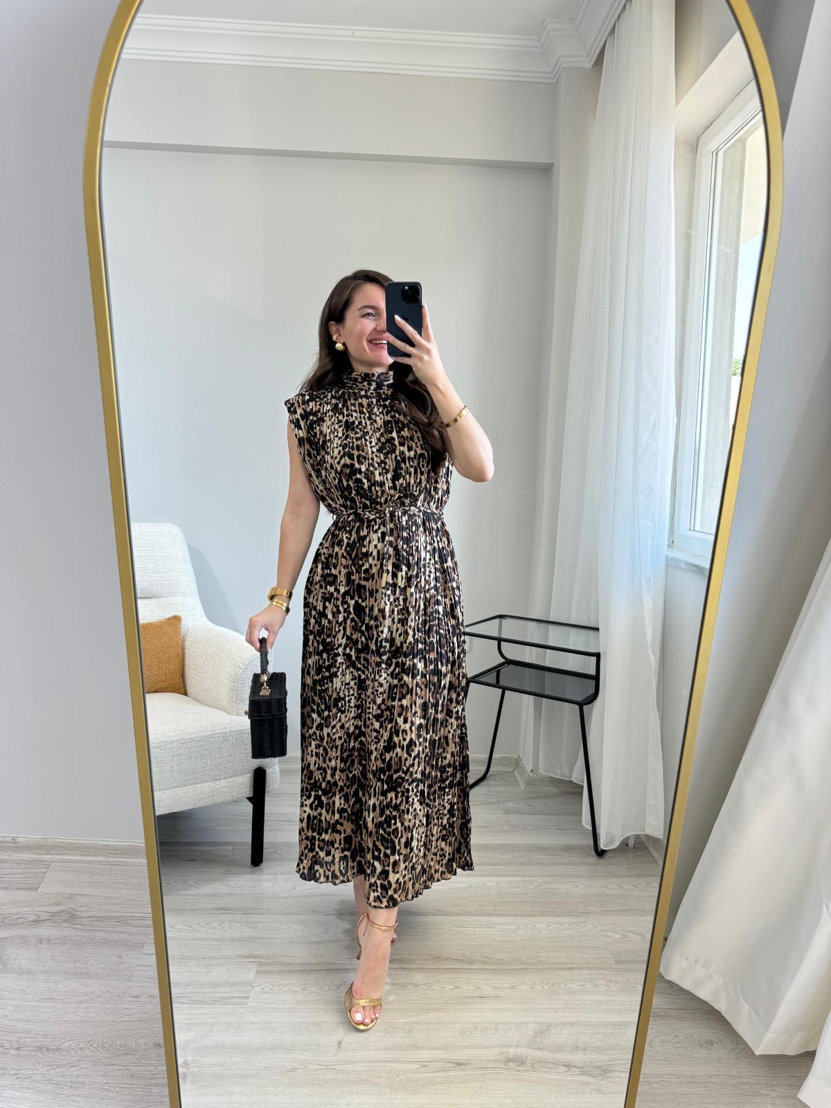 Siyah Leopar Desen Piliseli Örgü Kemerli Şifon Elbise 6441