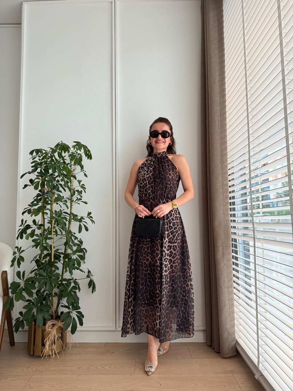 Siyah Leopar Desen Yaka Bağlama Şifon Elbise 3727