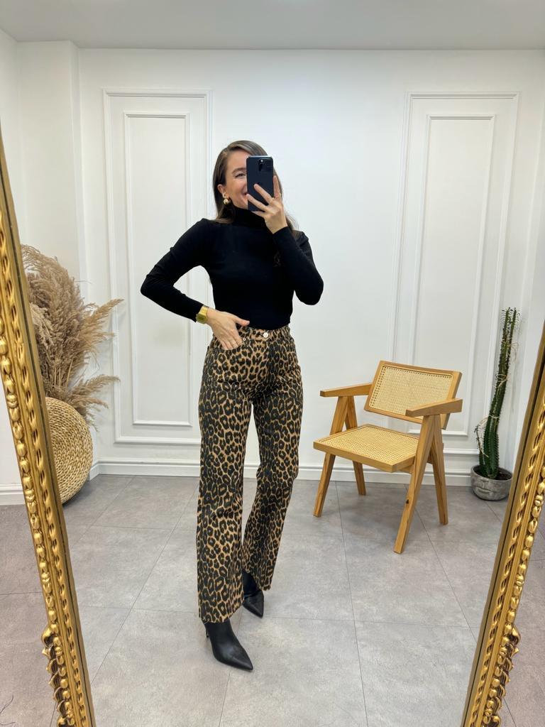 Siyah Leopar Desenli Flare Jean 3000