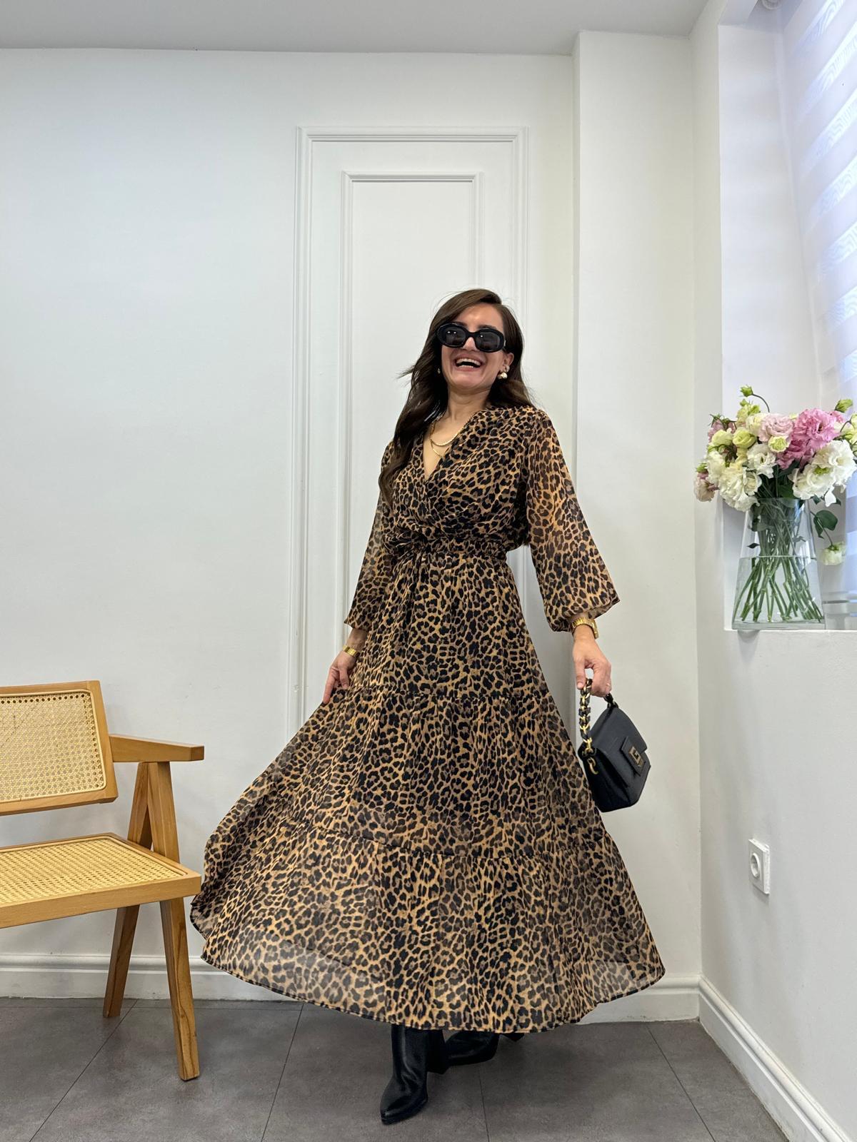 Siyah Leopar Desenli Kruvaze Yaka Şifon Elbise 3236