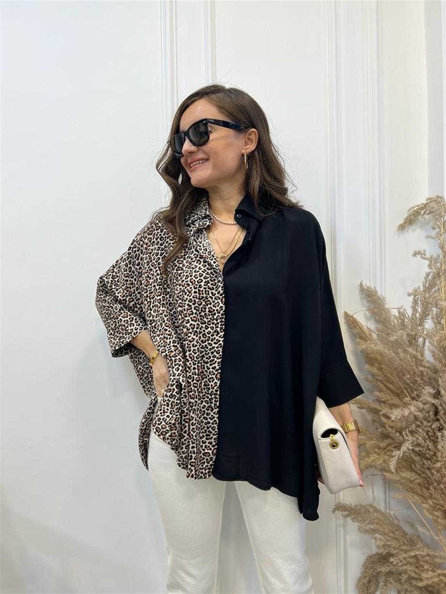 Siyah Leopar Detaylı Pamuklu Gömlek 256013