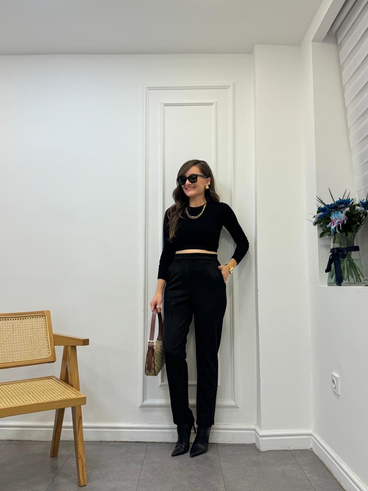 Siyah Lüx Kalite Bel Lastikli Double Paça Süet Pantolon 24284