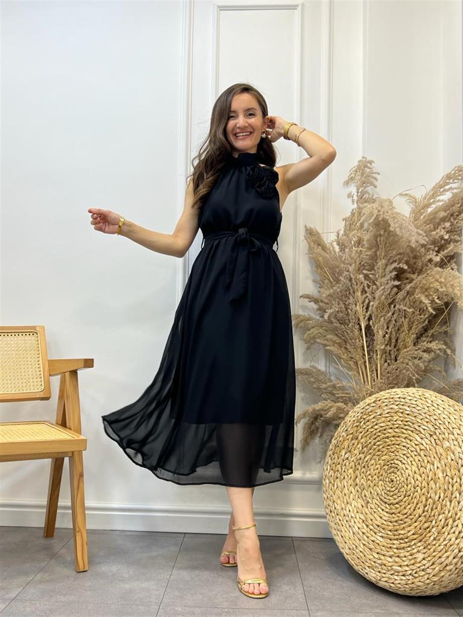 Siyah Lüx Kalite Çiçek Broş Detaylı Şifon Elbise 4001