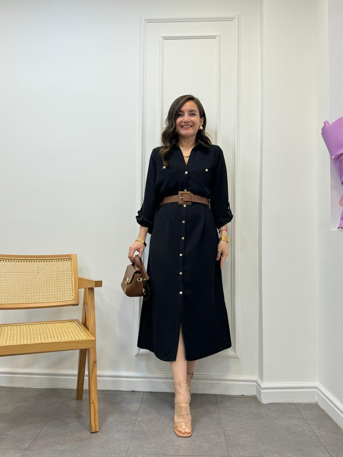 Siyah Lüx Kalite Gold Düğmeli Kemerli Elbise 3159