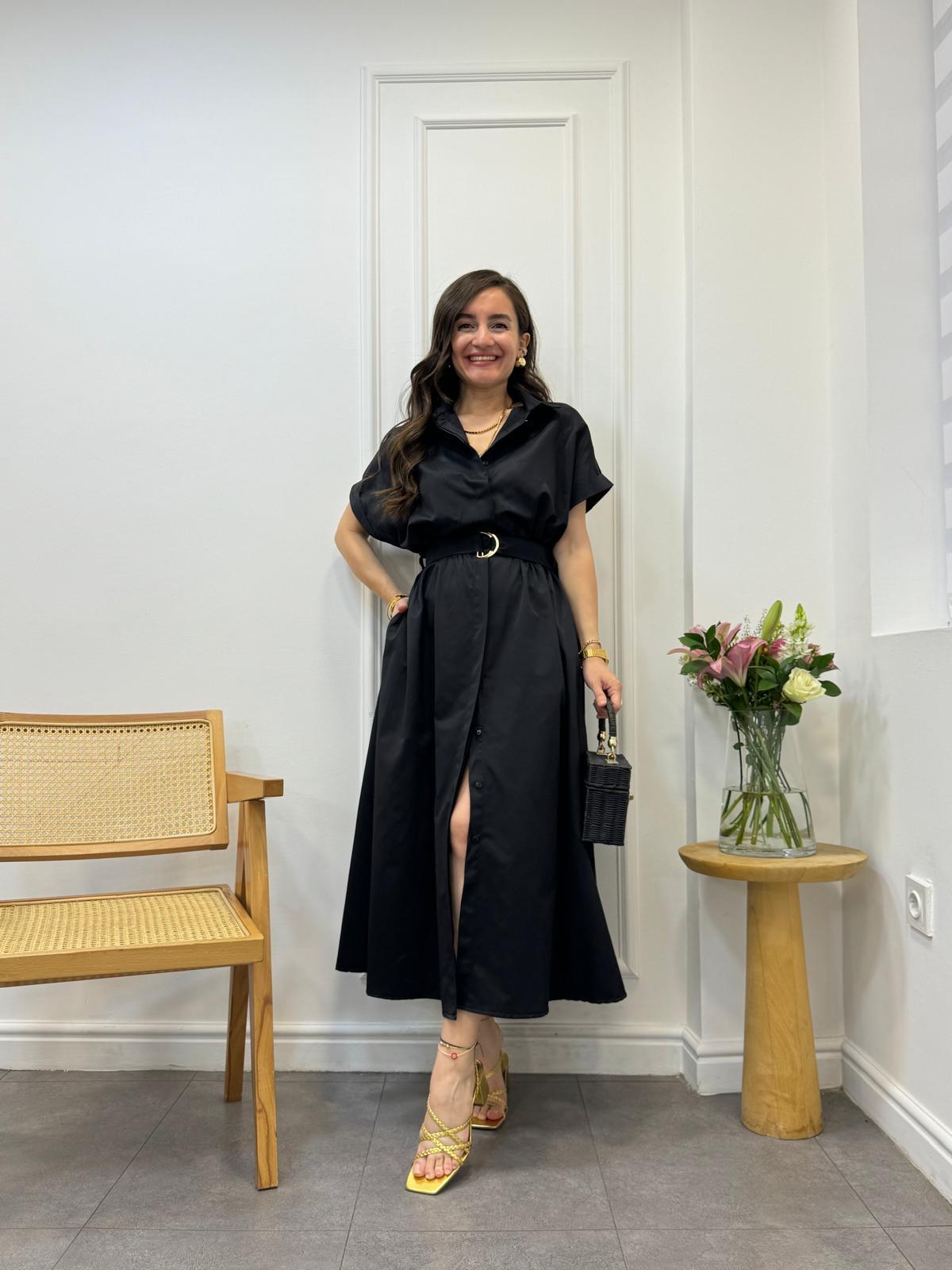 Siyah Lüx Kalite Kemerli Midi Boy Kısa Kol Elbise 29679