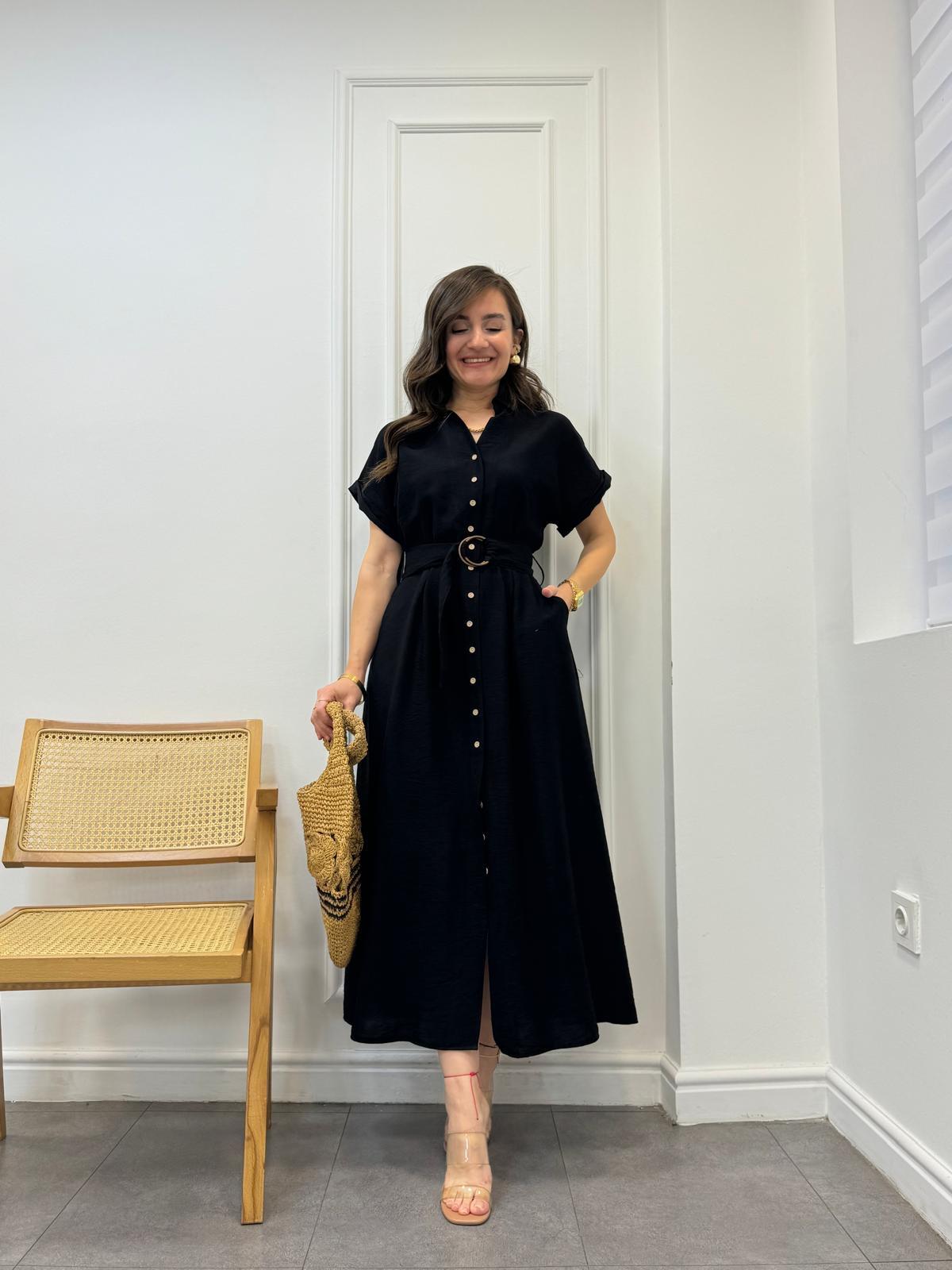 Siyah Lüx Kalite Önü Düğmeli Kemerli Elbise 24189