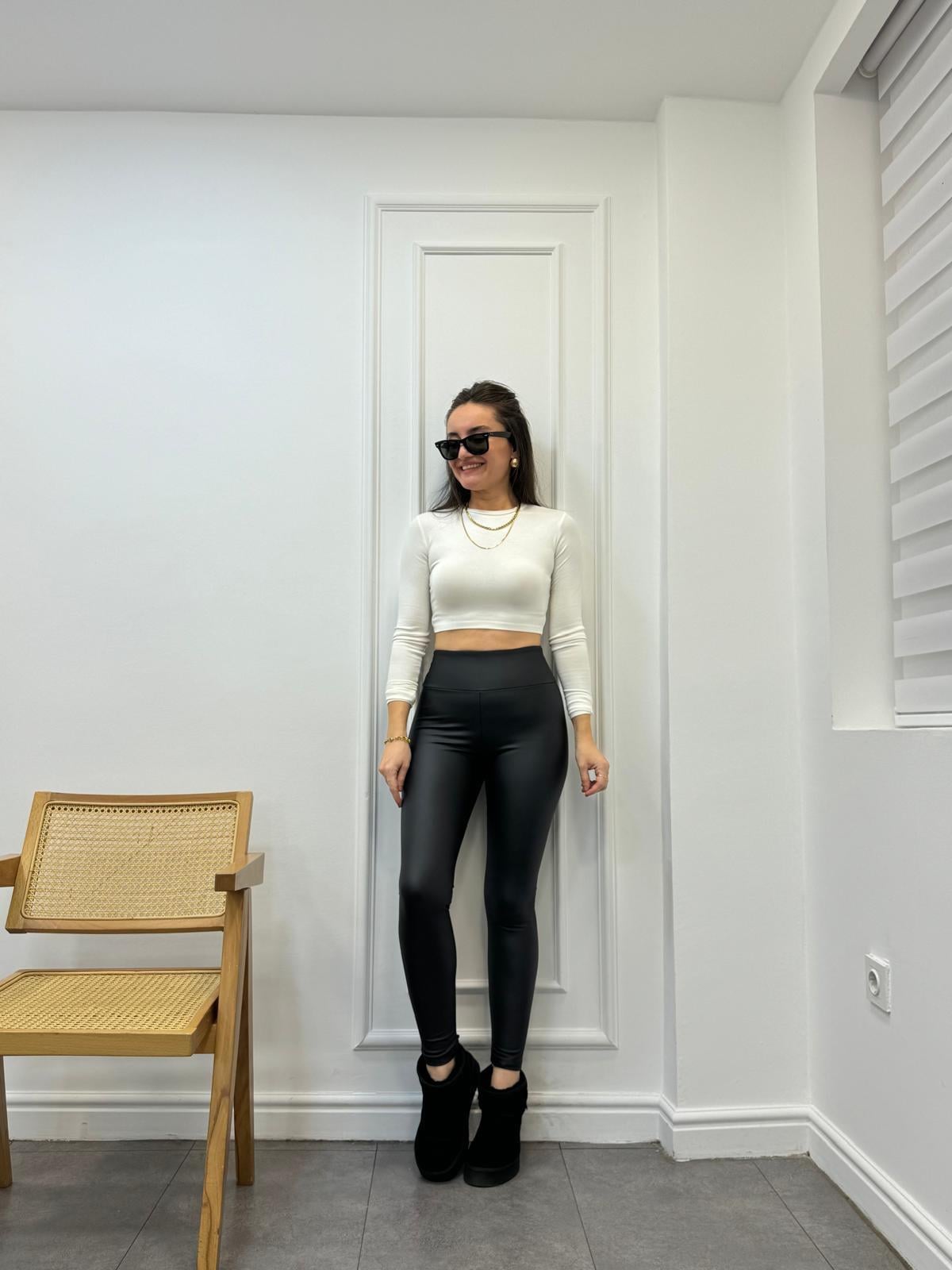 Siyah Mat Deri Şardonlu Geniş Kemerli Yüksek Bel Tayt 1209